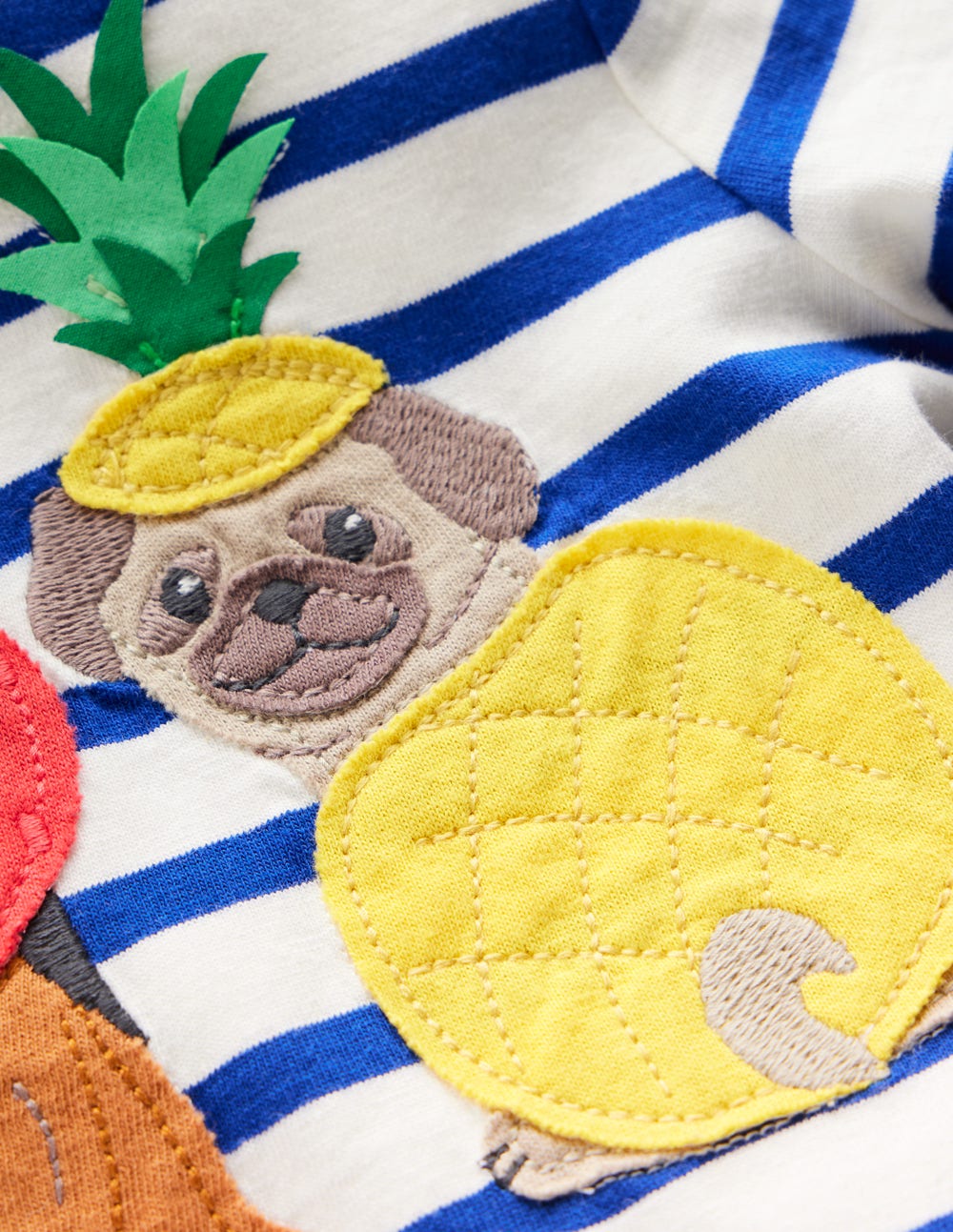 Short Sleeve Appliqué T-shirt-Bright Blue Stripe Fruit Dogs-3