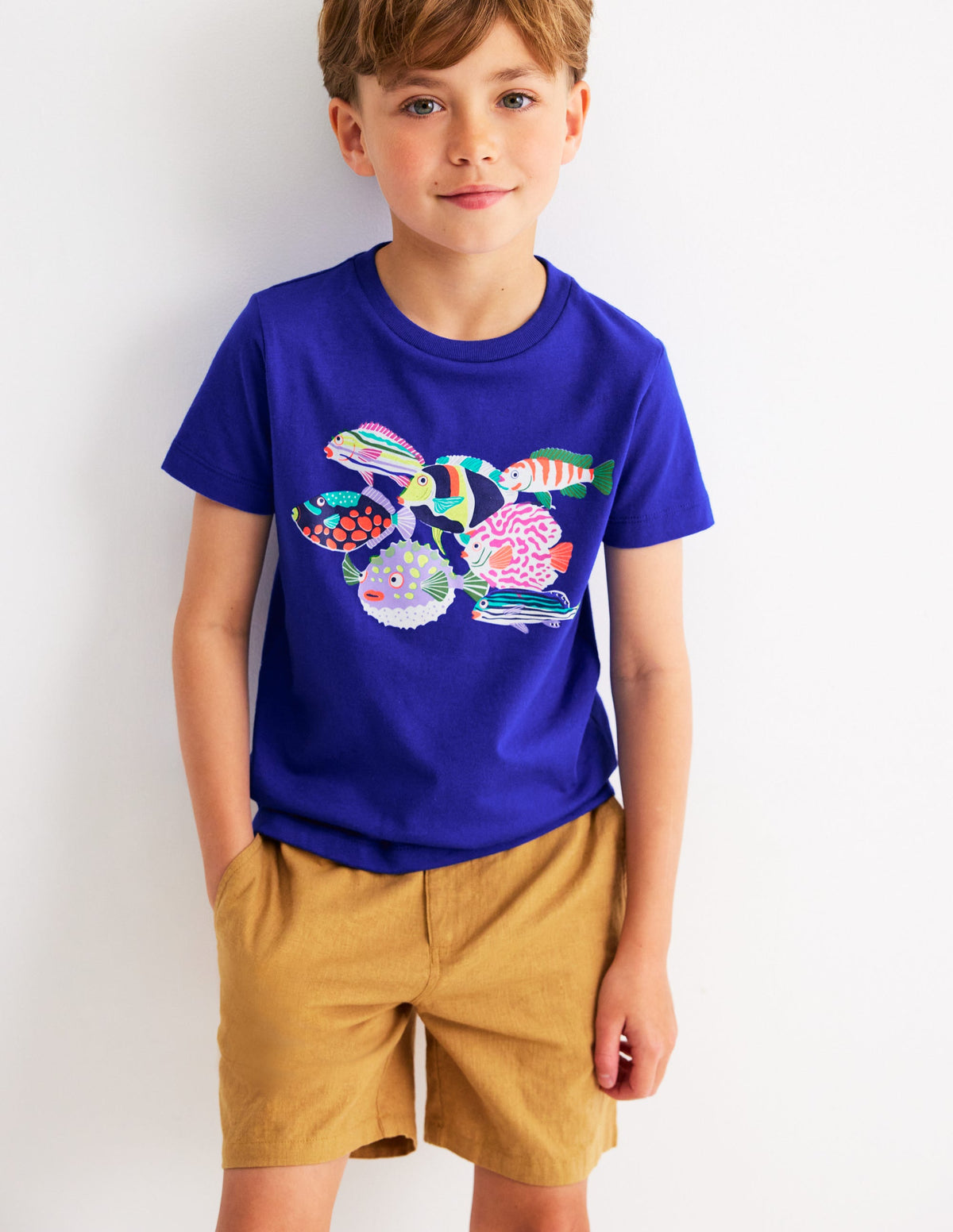 T-shirt manches courtes à imprimé riso-Poissons bleu héron - Image 1