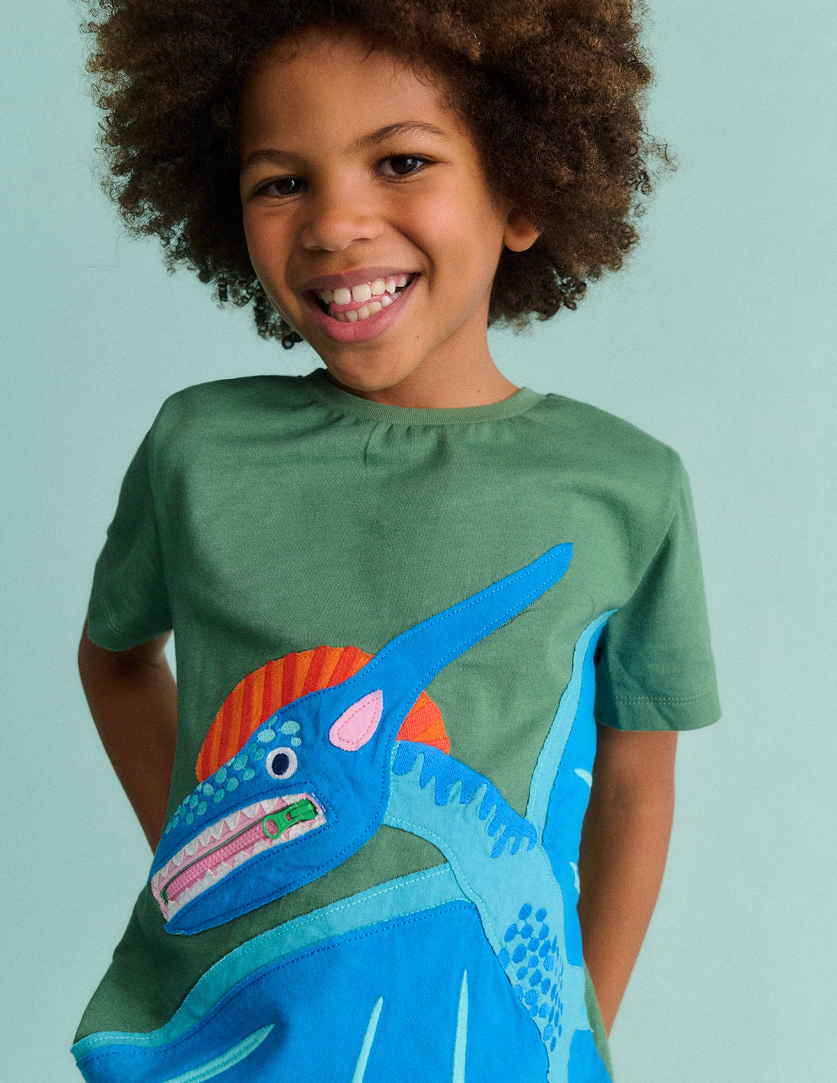Zip Applique T-shirt-Newt Green Dinosaur-4