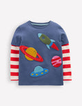 T-shirt fausses manches à appliqué-Espace bleu robot