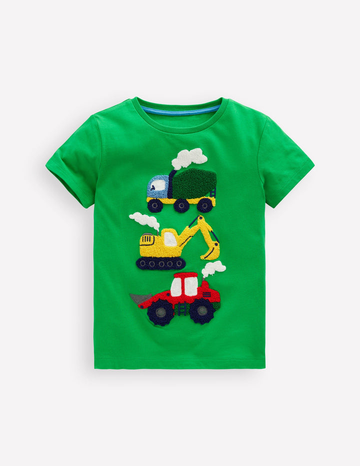 Bouclé-T-Shirt-Grün Baufahrzeuge