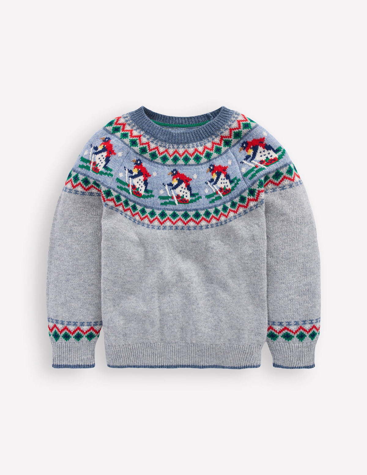 Fair-Isle-Pullover-Grau Meliert Pinguine auf Skiern-1