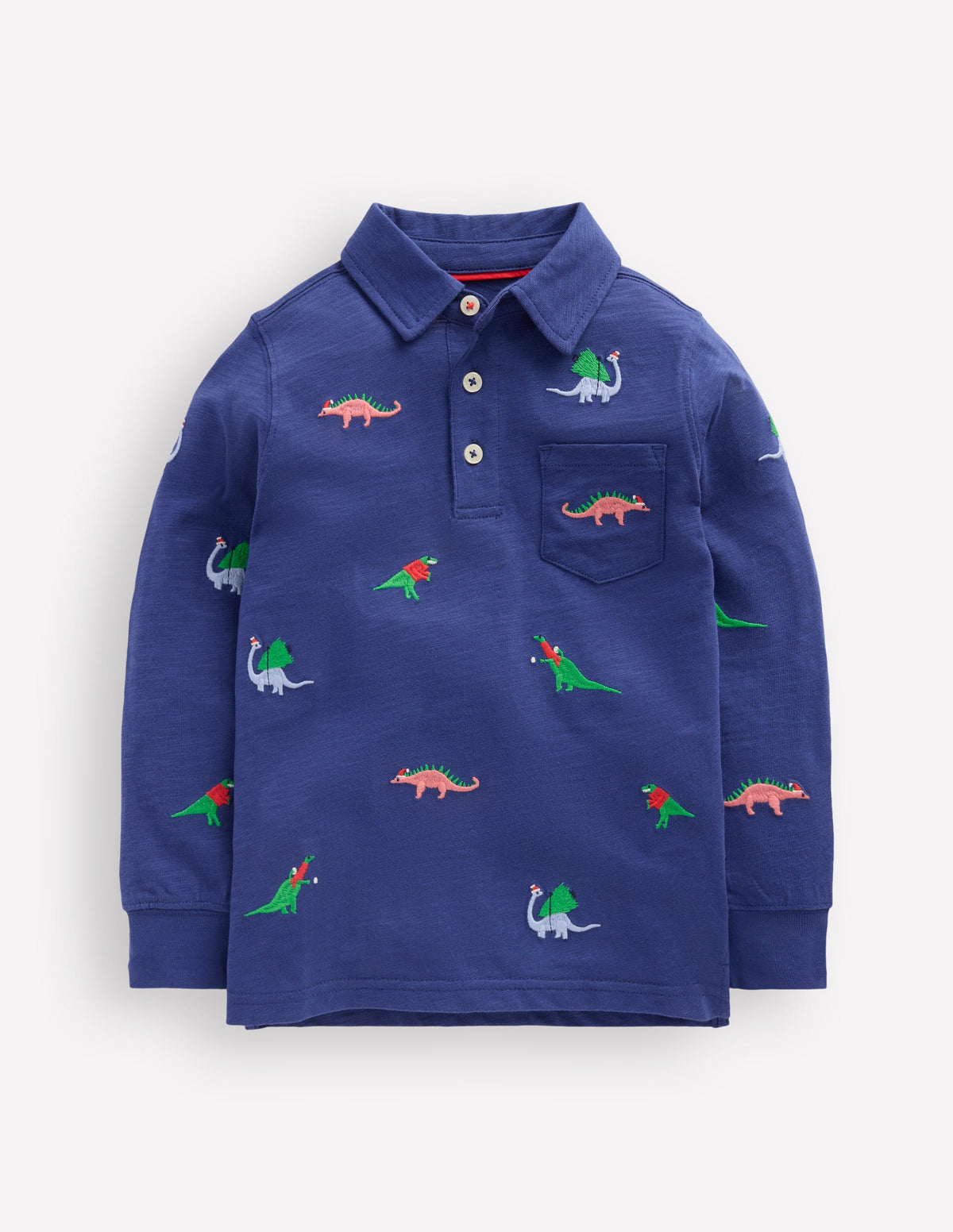 Besticktes Flammgarn-Polohemd-Segelblau, Dinosaurier - Image 1