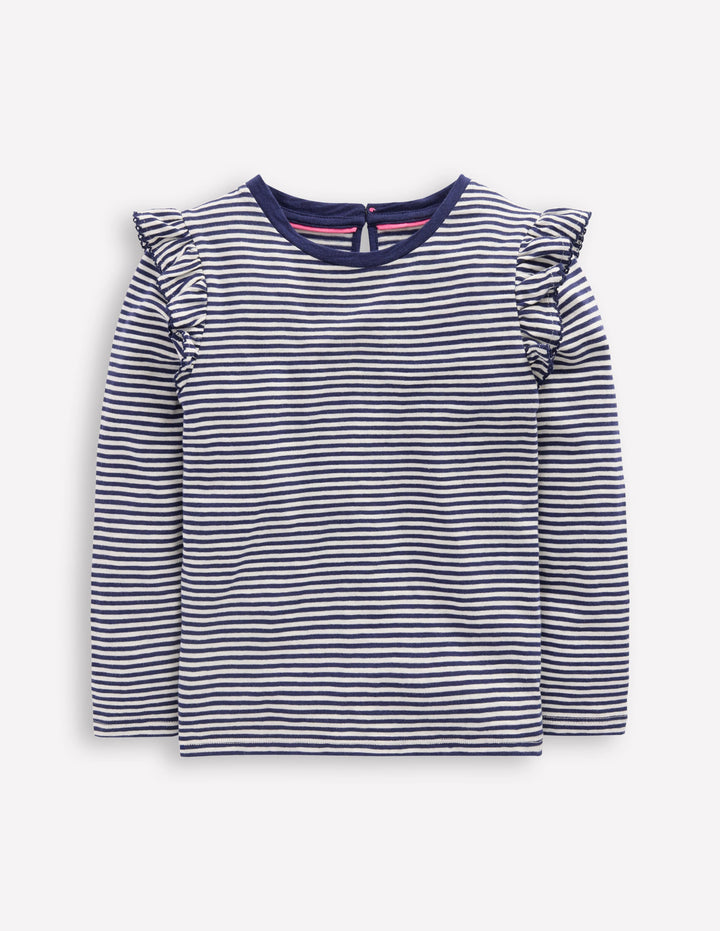 Oberteil aus Flammgarn mit Rüschenärmeln-Sanftes Naturweiß/Schuluniform-Marineblau