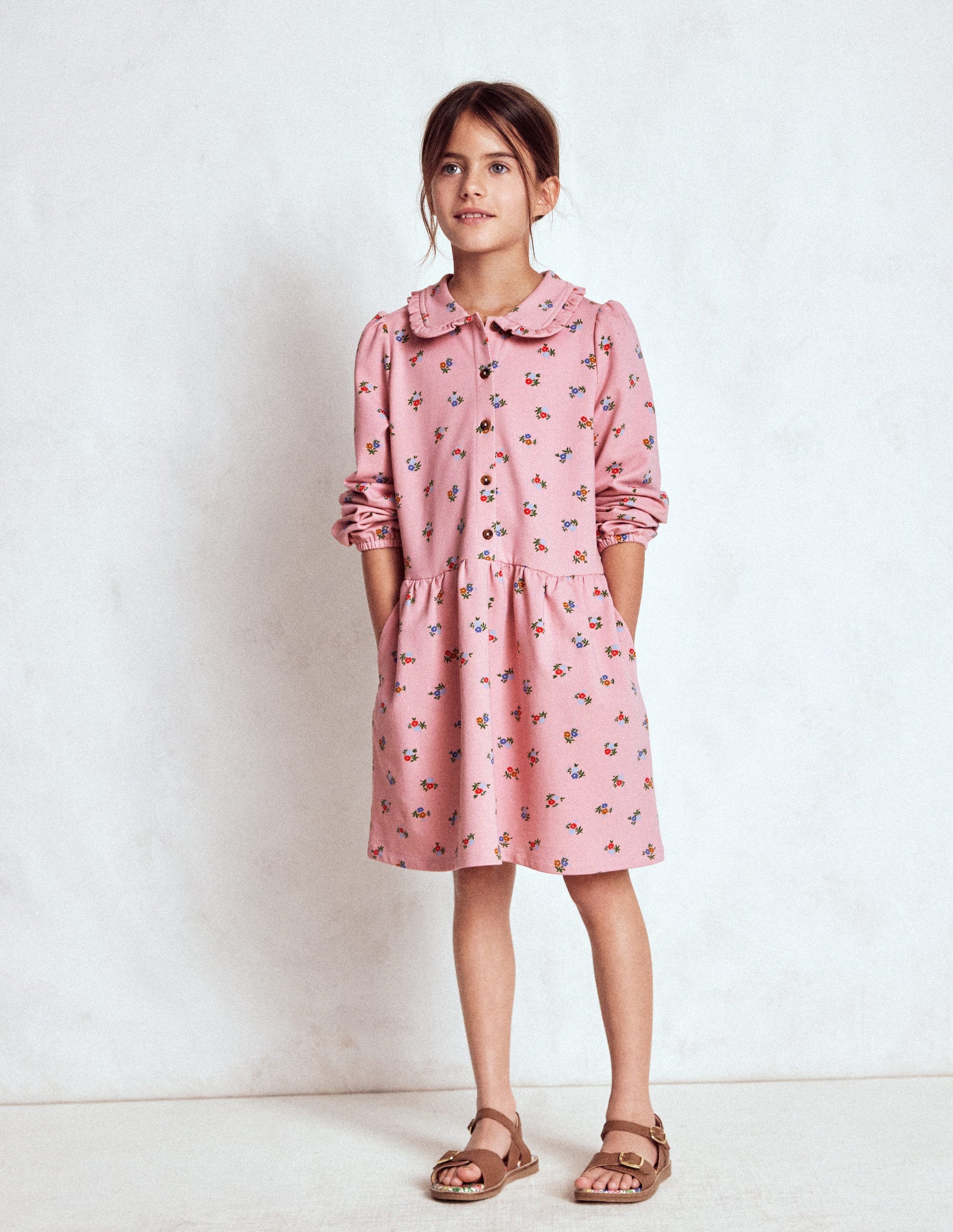 Kuscheliges Jersey-Hemdblusenkleid-Vintage-Rosa Blümchenmuster-1