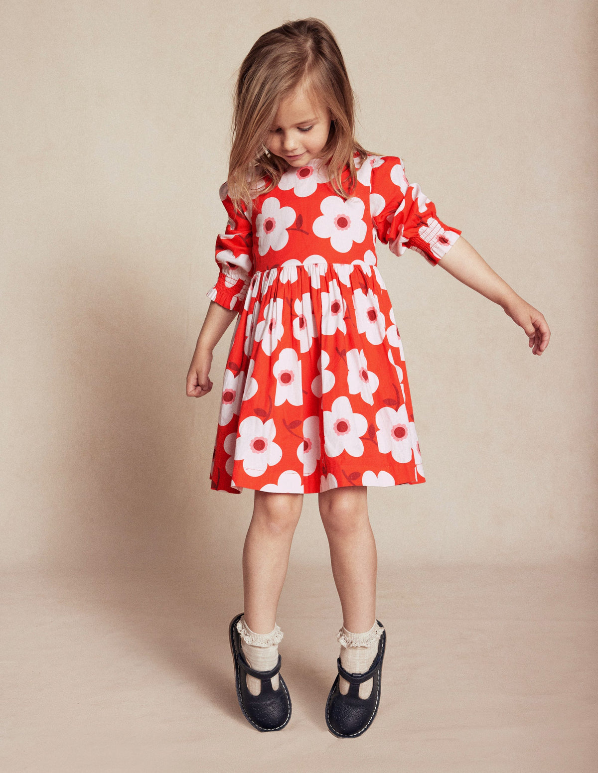 Madeline Langärmliges Kleid-Abendrot-Orange Riesengänseblümchen-4