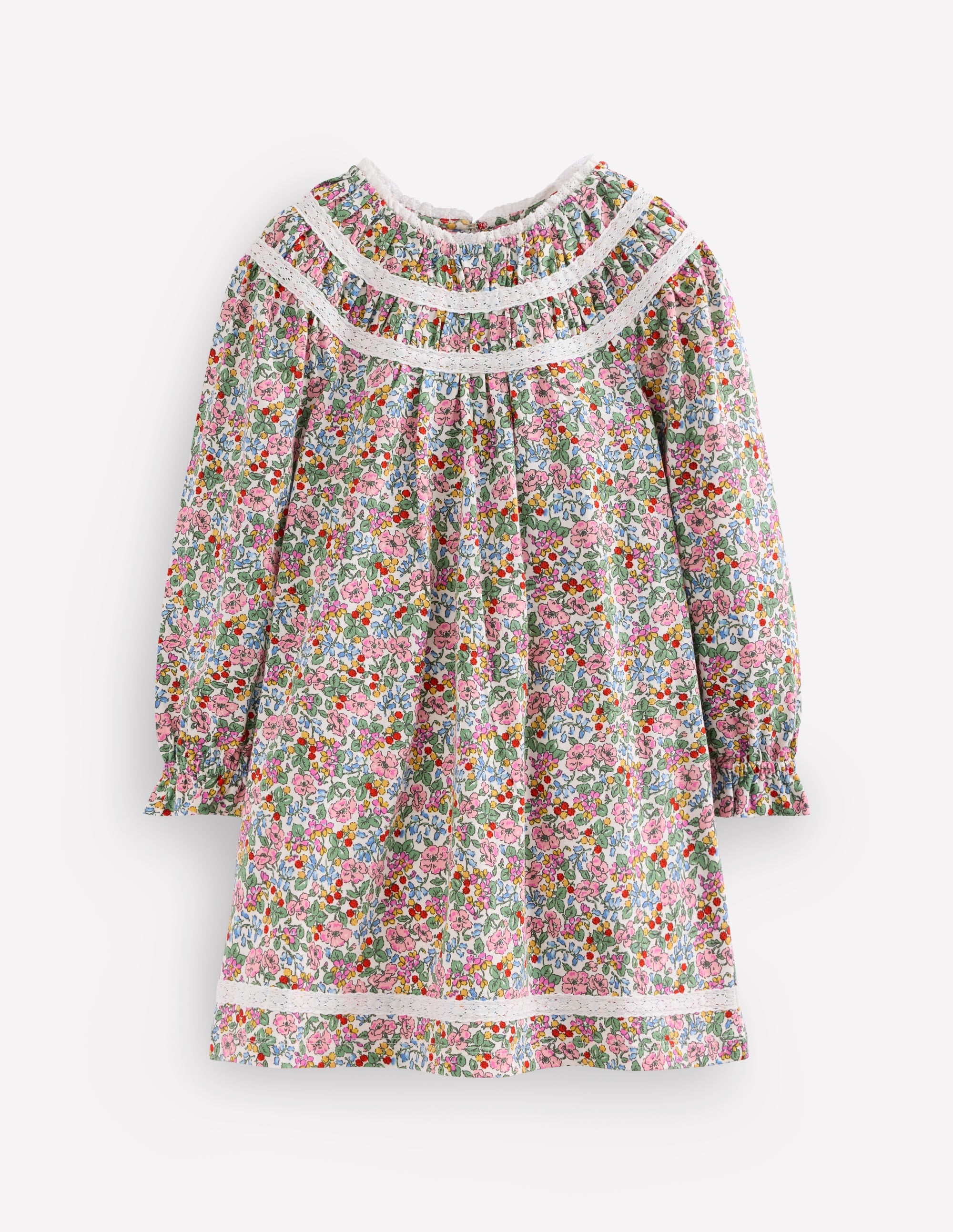 Pretty Lace Trim Jersey Dress-Soft Ivory Berry Floral - Image 1