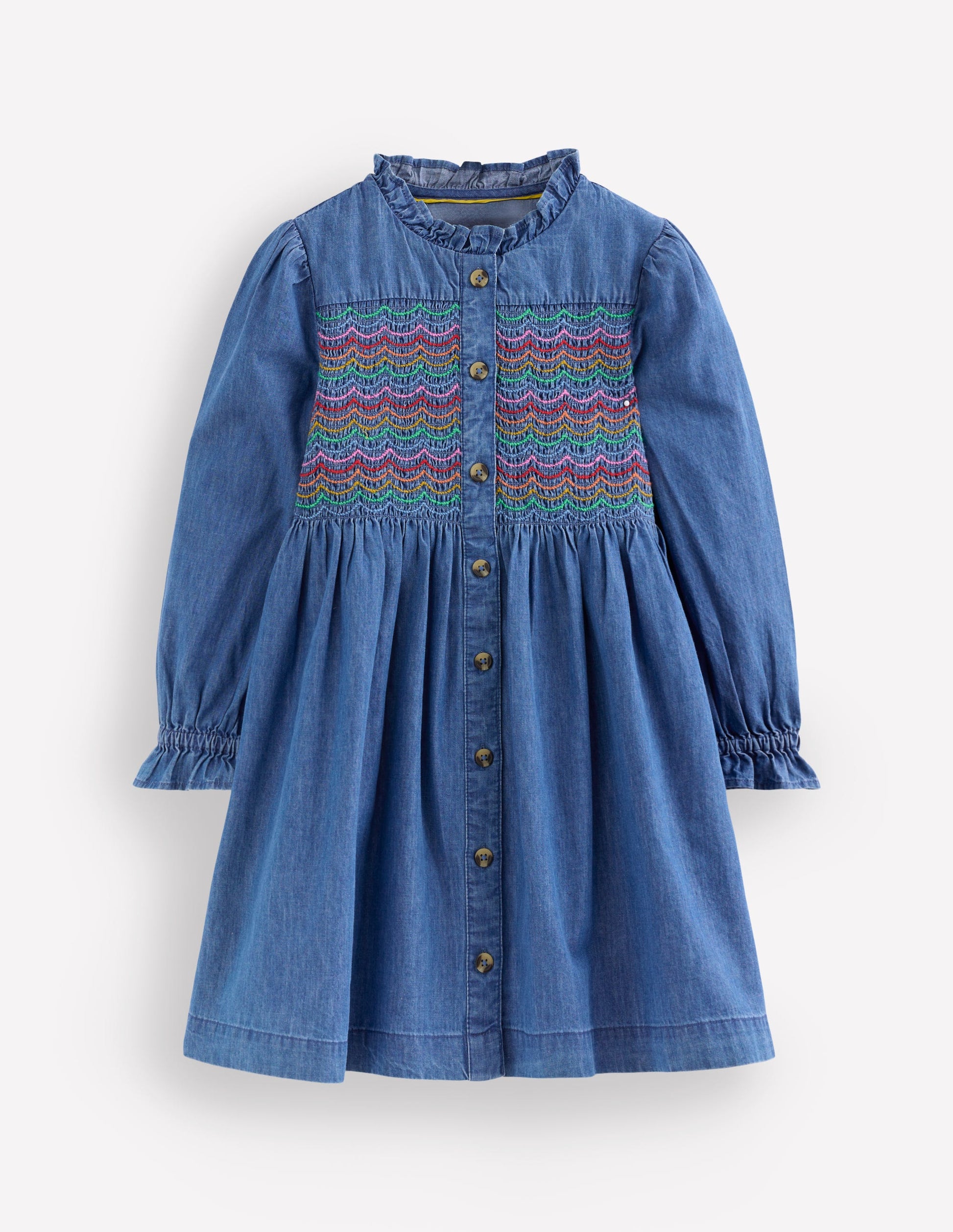 Suki Long Sleeve Smocked Dress-Mid Vintage Denim-1