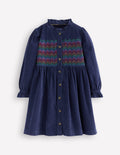 Suki Langärmeliges, gesmoktes Kleid-Schuluniform-Marineblau
