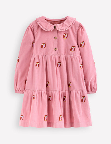 Minna Gewebtes Kleid mit Kragen-Rosa Eulenstickerei