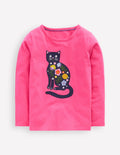 Long Sleeve Appliqué T-shirt-Sorbet Pink Cat