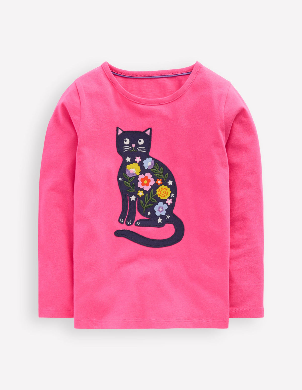 Long Sleeve Appliqué T-shirt-Sorbet Pink Cat - Image 1