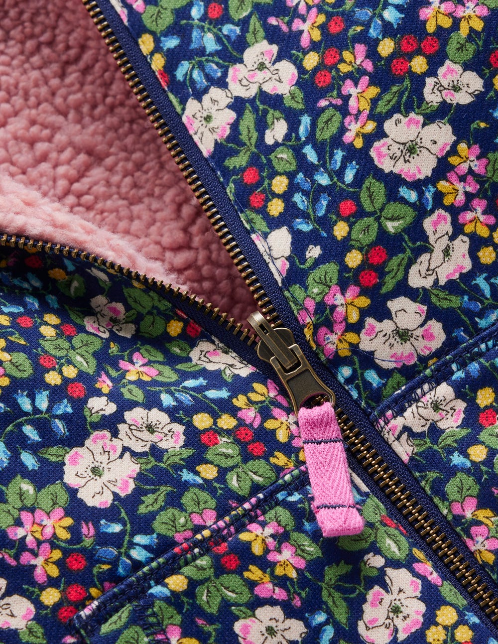 Wendbarer Teddy-Kapuzenpullover-Steuerbordblau Beeren Blumenmuster-4