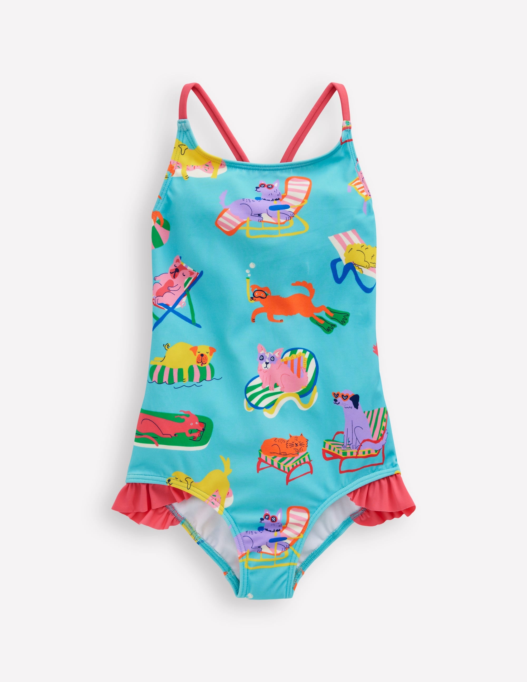 Hübscher Badeanzug mit gekreuzten Rückenträgern-Karibikblau Haustiere am Pool - Image 1