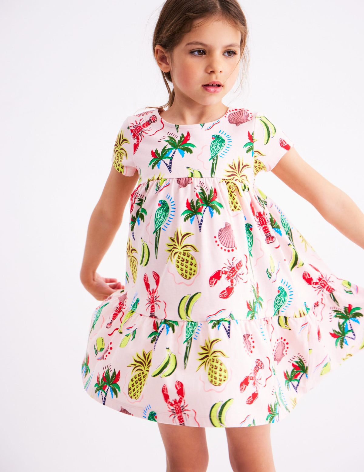 Robe tournoyante Ariel en jersey-Imprimé tropical rose craie - Image 1