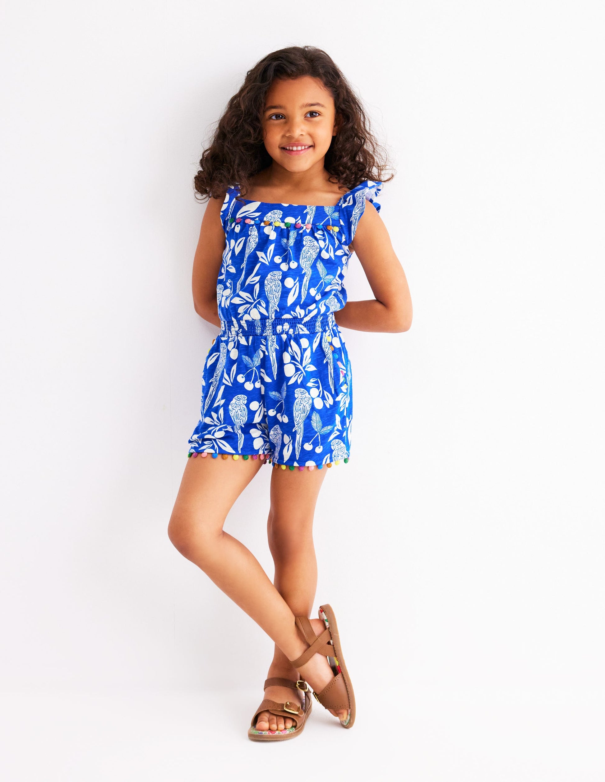 Combishort à pompons Ciara en jersey-Motif Parrot Palm bleu vif-3