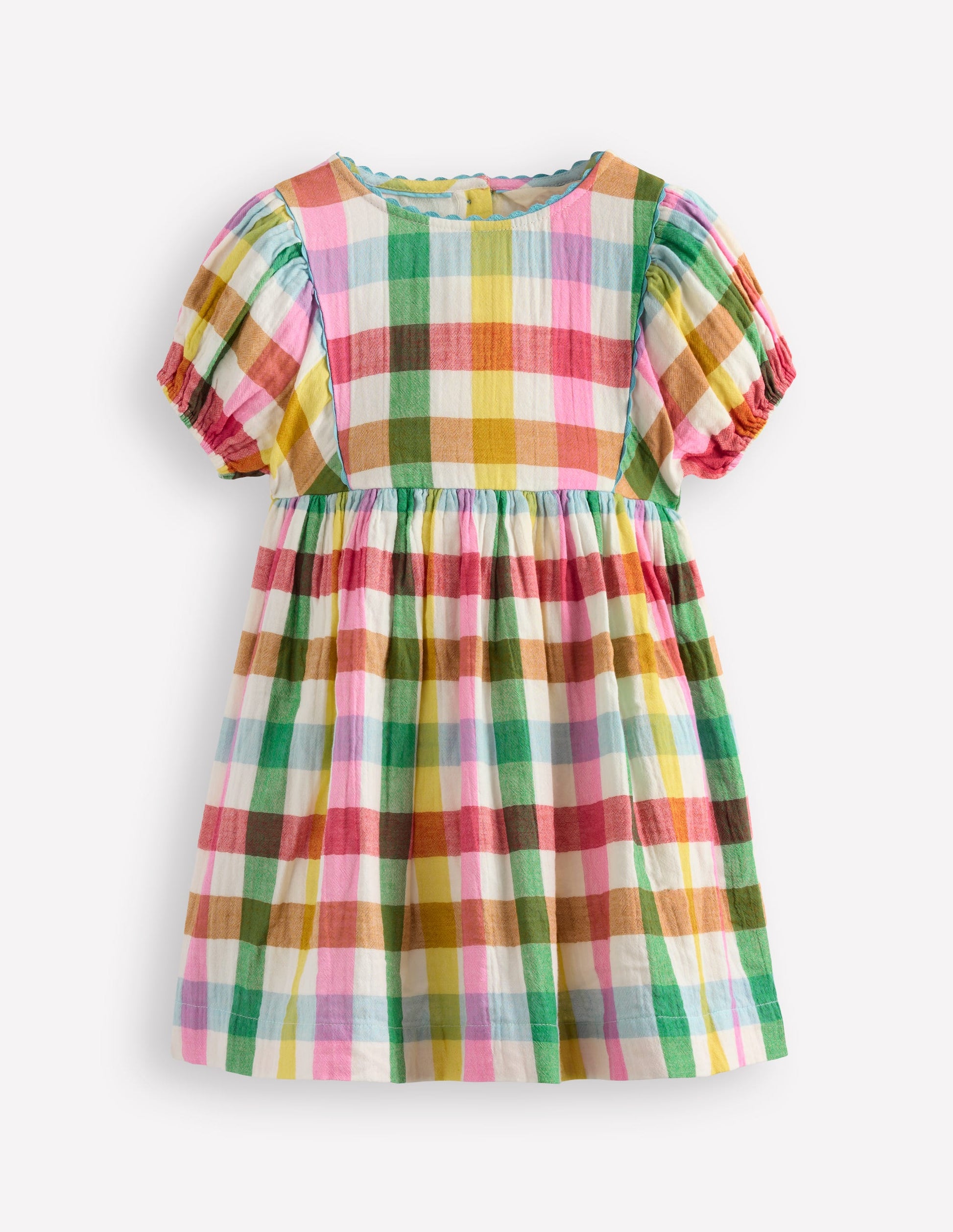 Doppeltuch-Kleid mit Puffärmeln-Bunt Karomuster-1