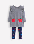 Set bestehend aus Rüschen-Tunika und Leggings-Schuluniform-Marineblau/Naturweiß Äpfel