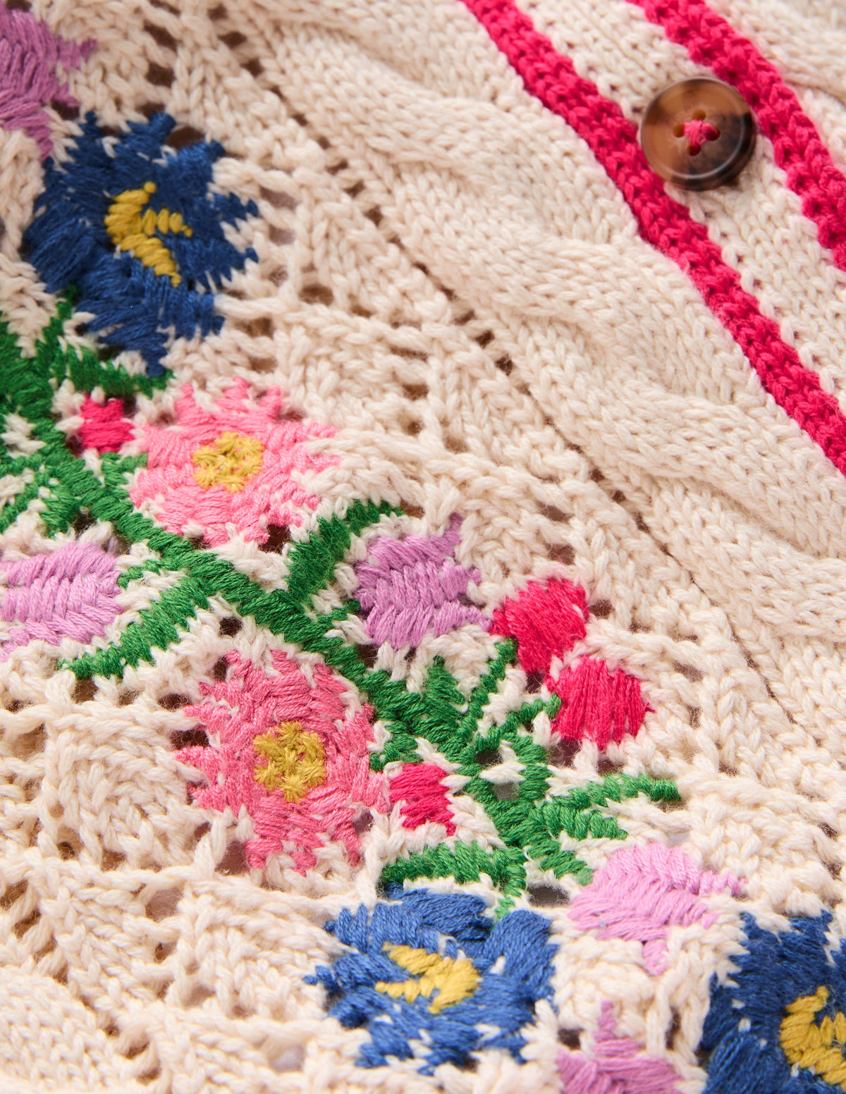 Bestickte Baumwoll-Strickjacke-Warmes Naturweiß Blumenmuster-3