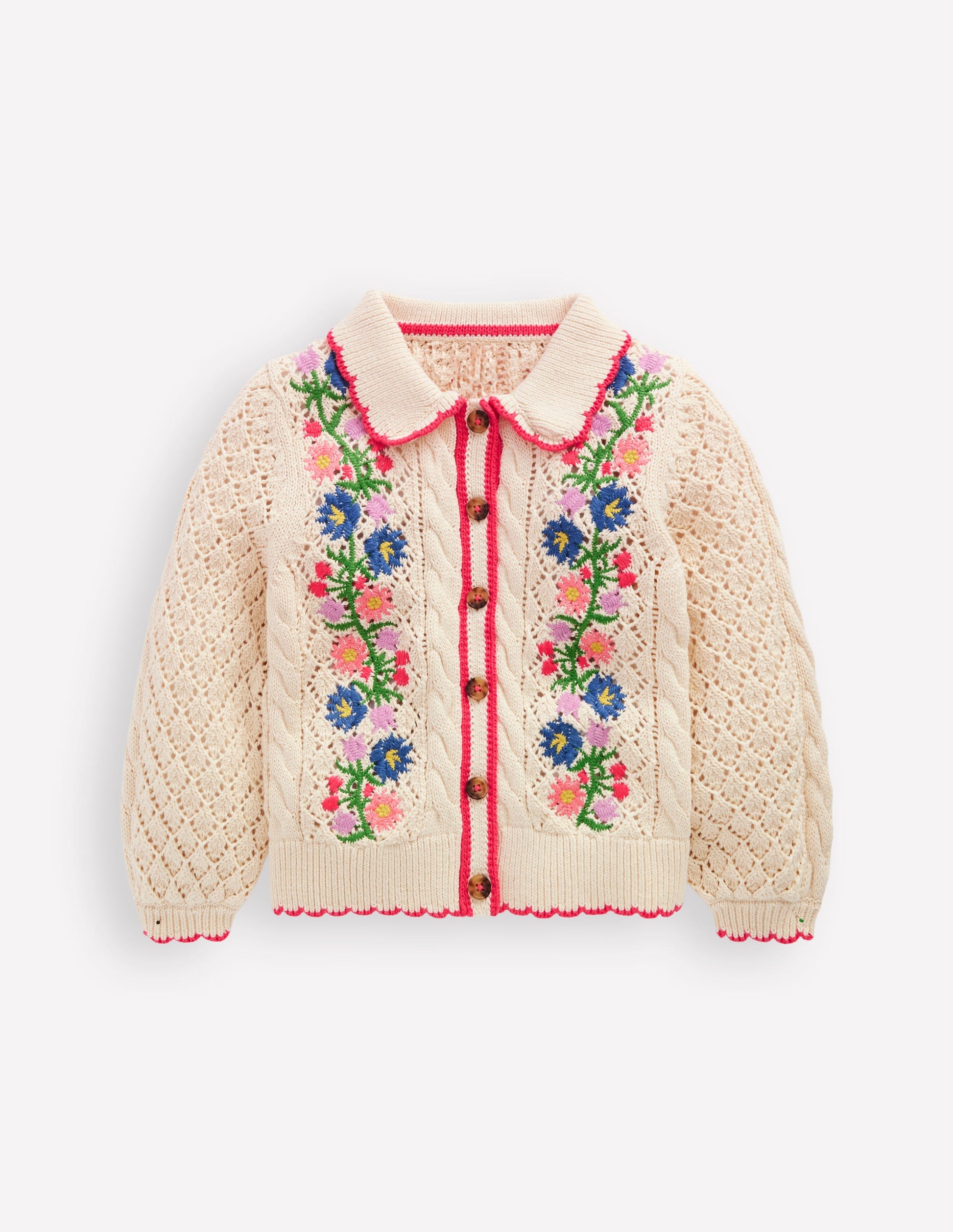 Bestickte Baumwoll-Strickjacke-Warmes Naturweiß Blumenmuster-1