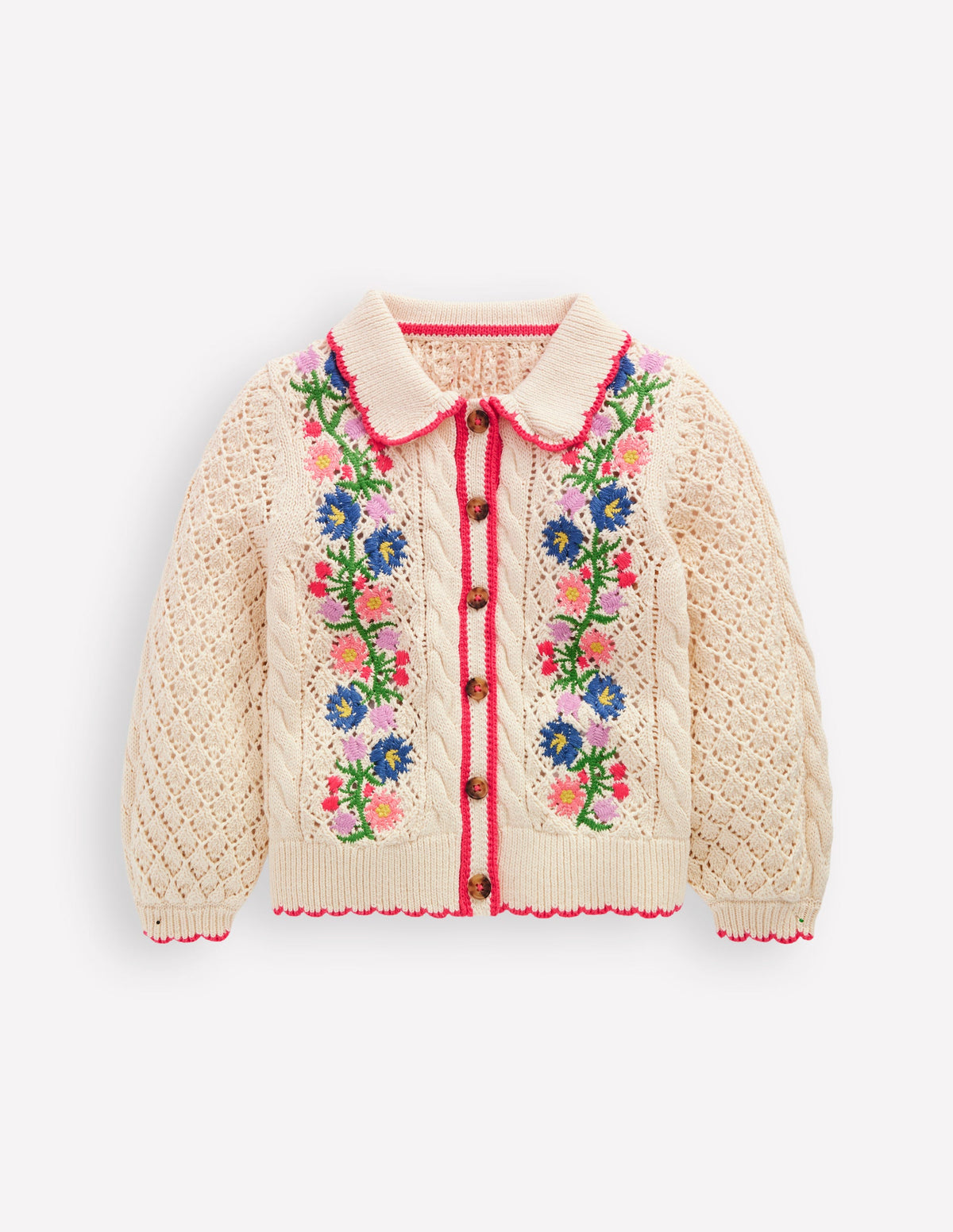 Bestickte Baumwoll-Strickjacke-Warmes Naturweiß Blumenmuster - Image 1