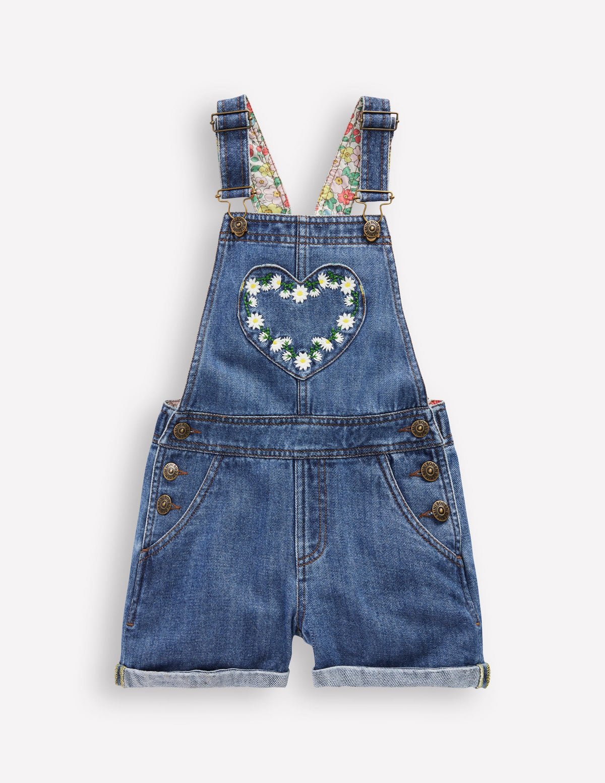 Kurze Latzhose mit Herztaschen-Vintage Bestickt Gänseblümchen-1