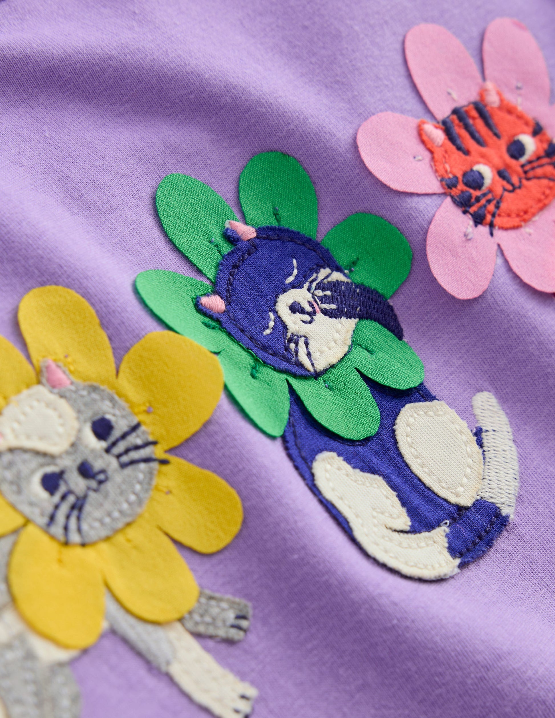 Puff Sleeve Applique T-Shirt-Aster Purple Flower Cats-3