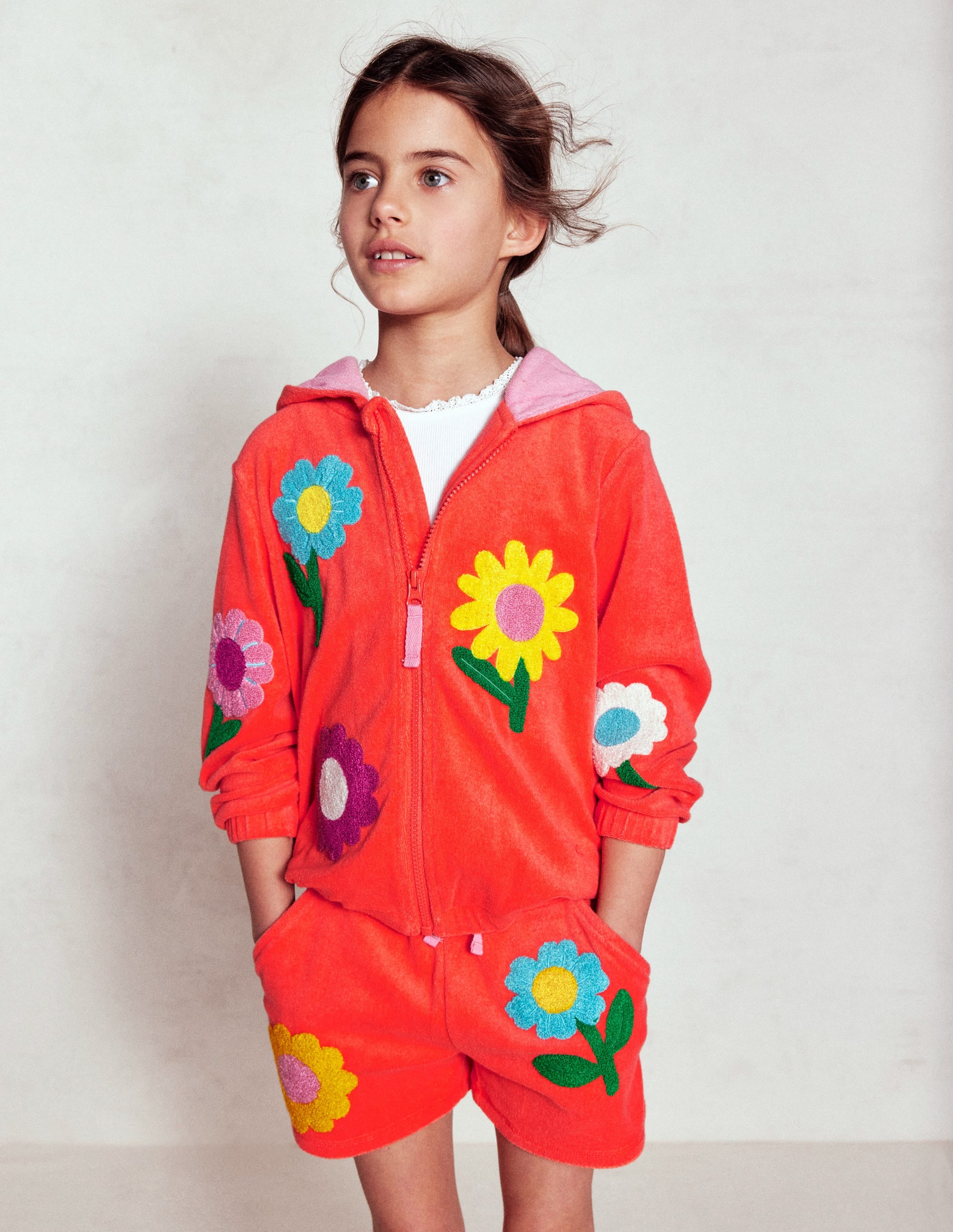 Sweat à capuche zippé en éponge-Fleurs orange corail - Image 4