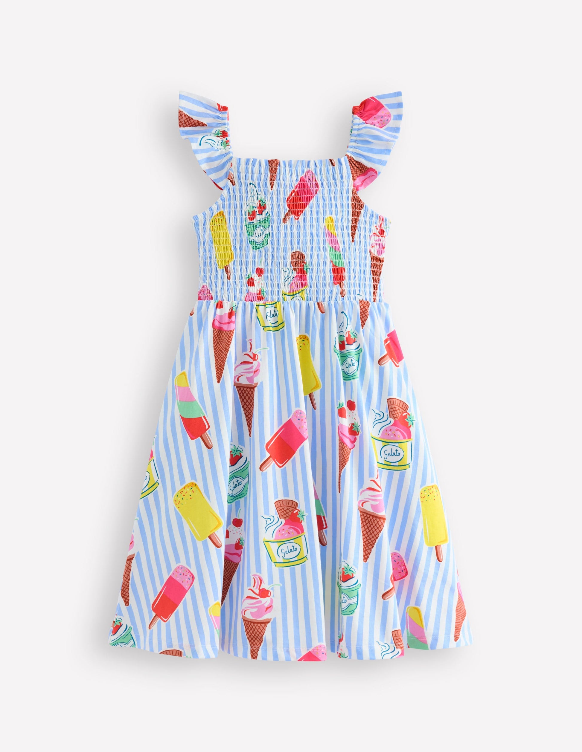 Willa Gerafftes Jerseykleid-Vintage-Blau Eiscreme Streifen-1