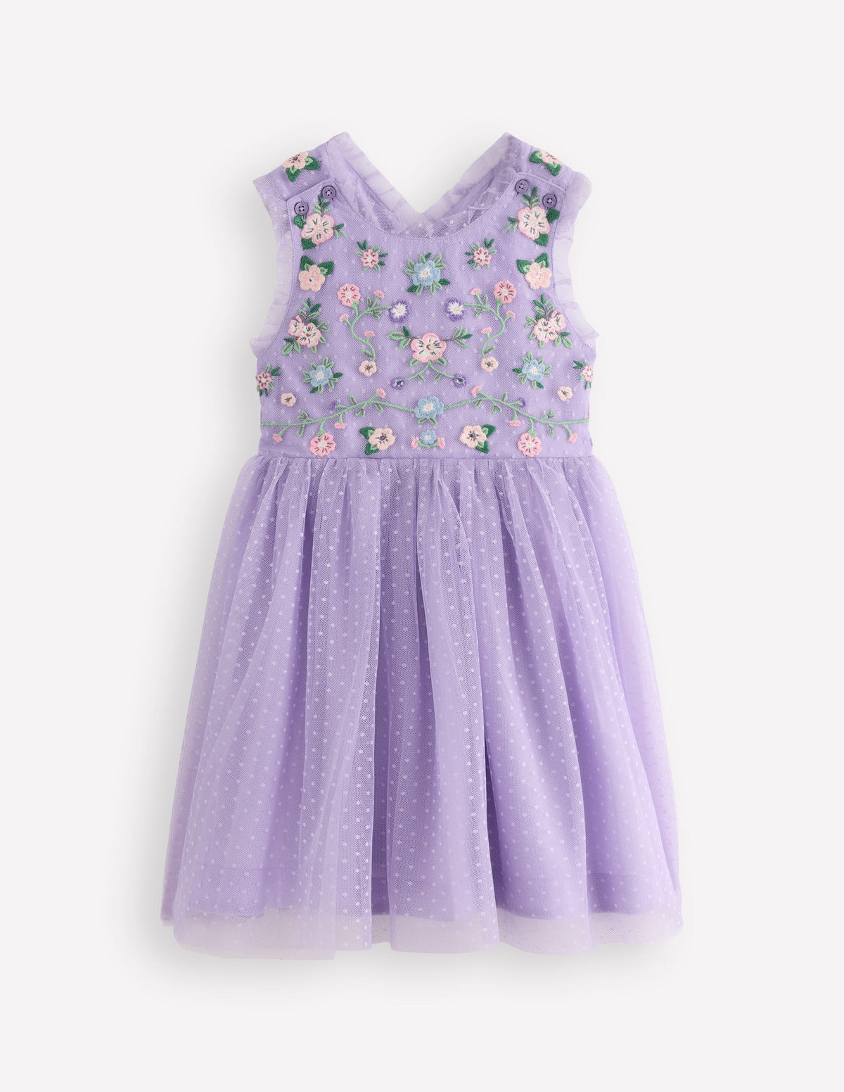 Kleid mit gekreuzten Rückenträgern-Flieder Blumenstickerei-1