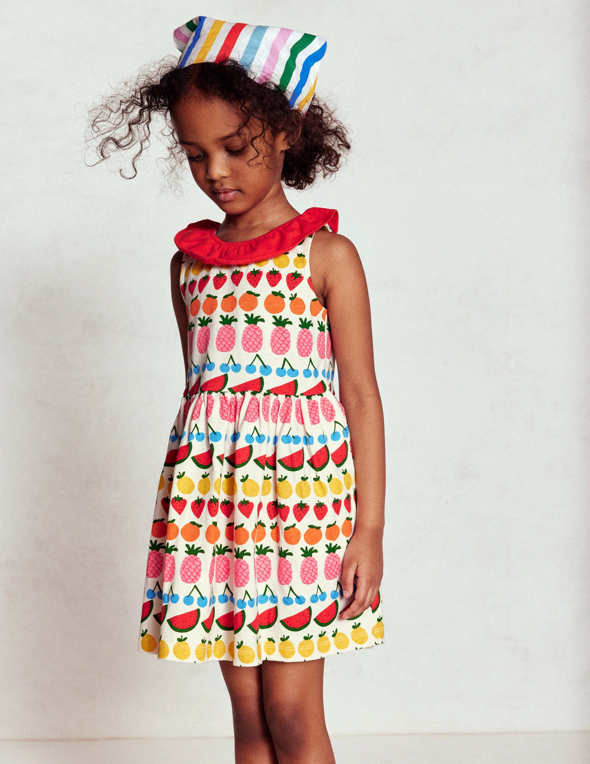 Jerseykleid mit gerüschtem Ausschnitt-Naturweiß Frucht Streifen-7