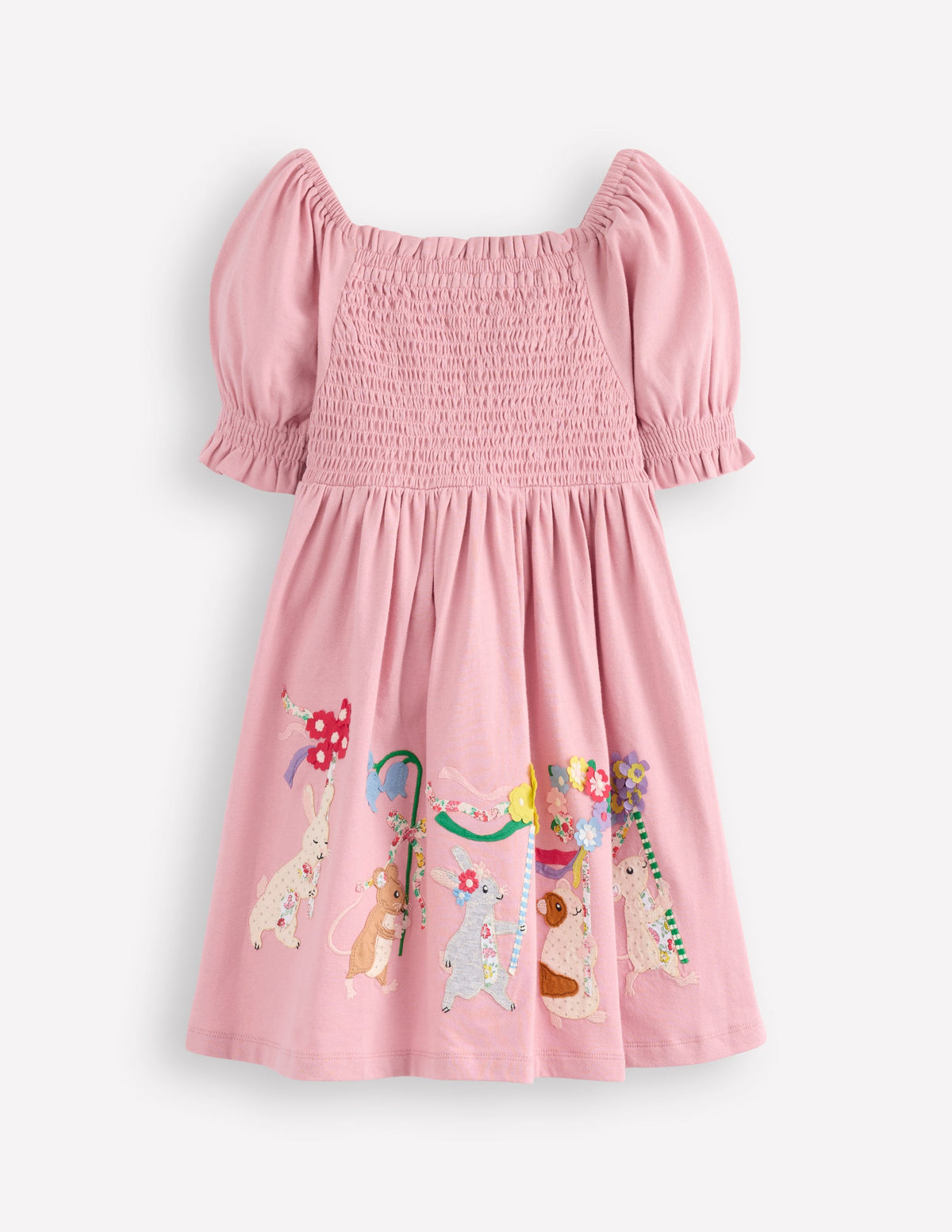 Robe froncée Clare à appliqués-Motif May Day Animals rose vintage-1