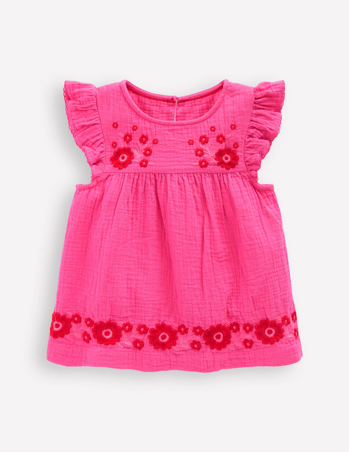 Doppeltuch-Oberteil mit Rüschenärmeln-Sorbet-Rosa Stickerei