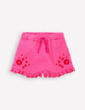 Double Cloth Frill Hem Shorts-Sorbet Pink Embroidered