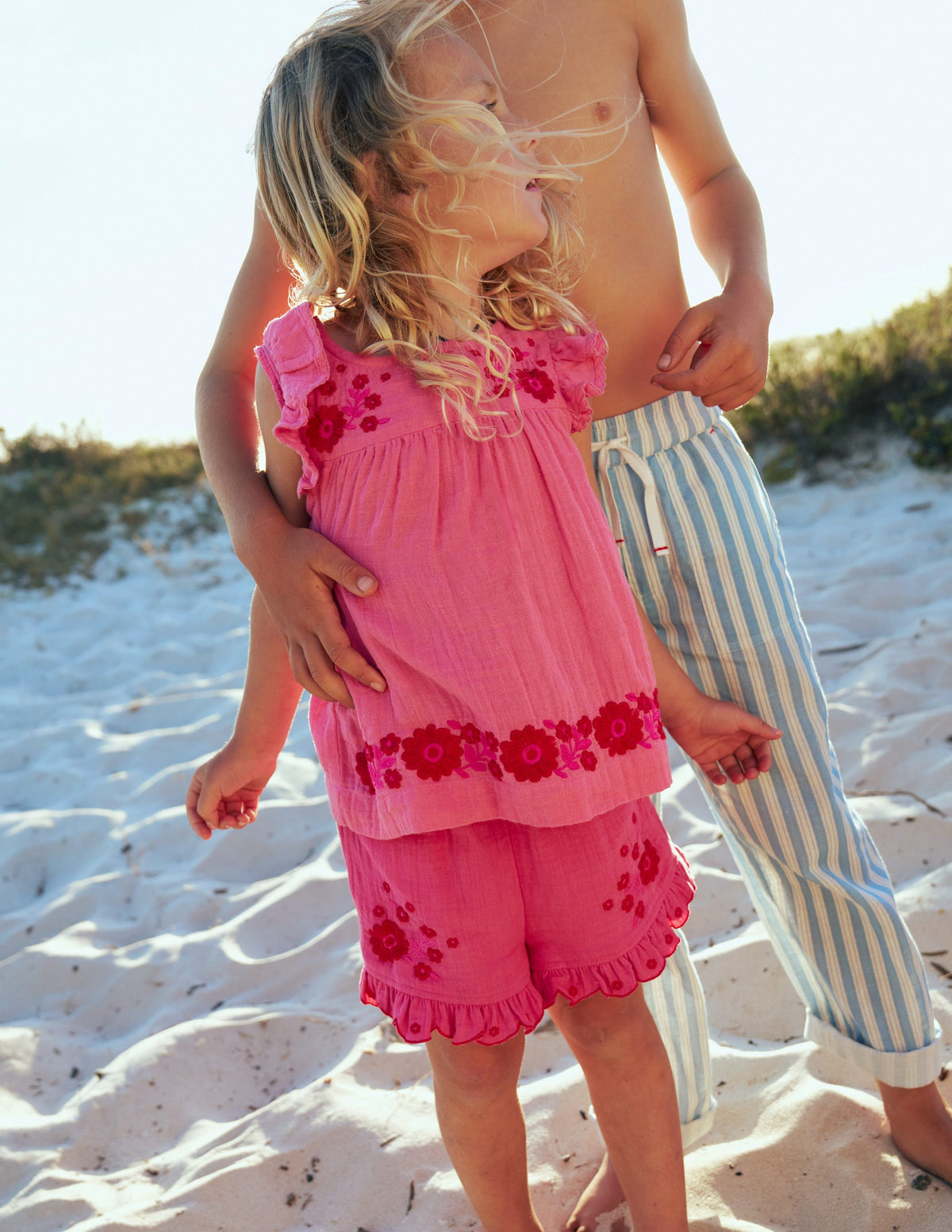 Double Cloth Frill Hem Shorts-Sorbet Pink Embroidered-4