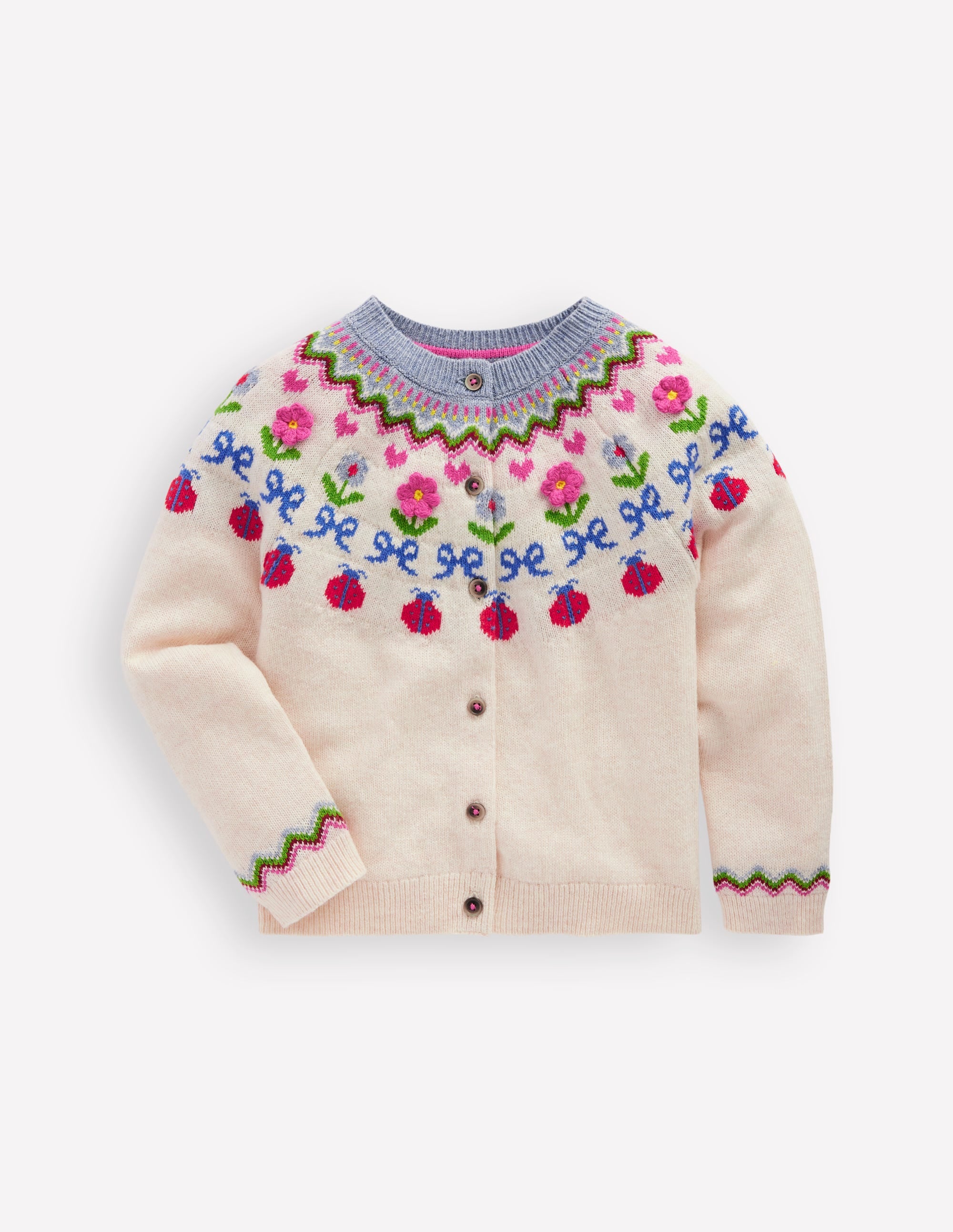 Edie Fair-Isle-Strickjacke-Ecru Meliert, Blumen - Image 1