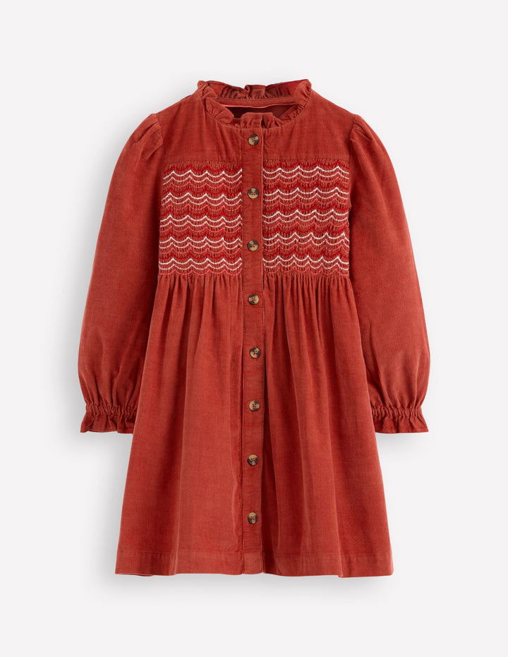Suki Langärmeliges, gesmoktes Kleid-Kupferrot