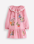Gewebtes Kleid mit Spitzenbesatz-Zuckerwattenrosa Feen