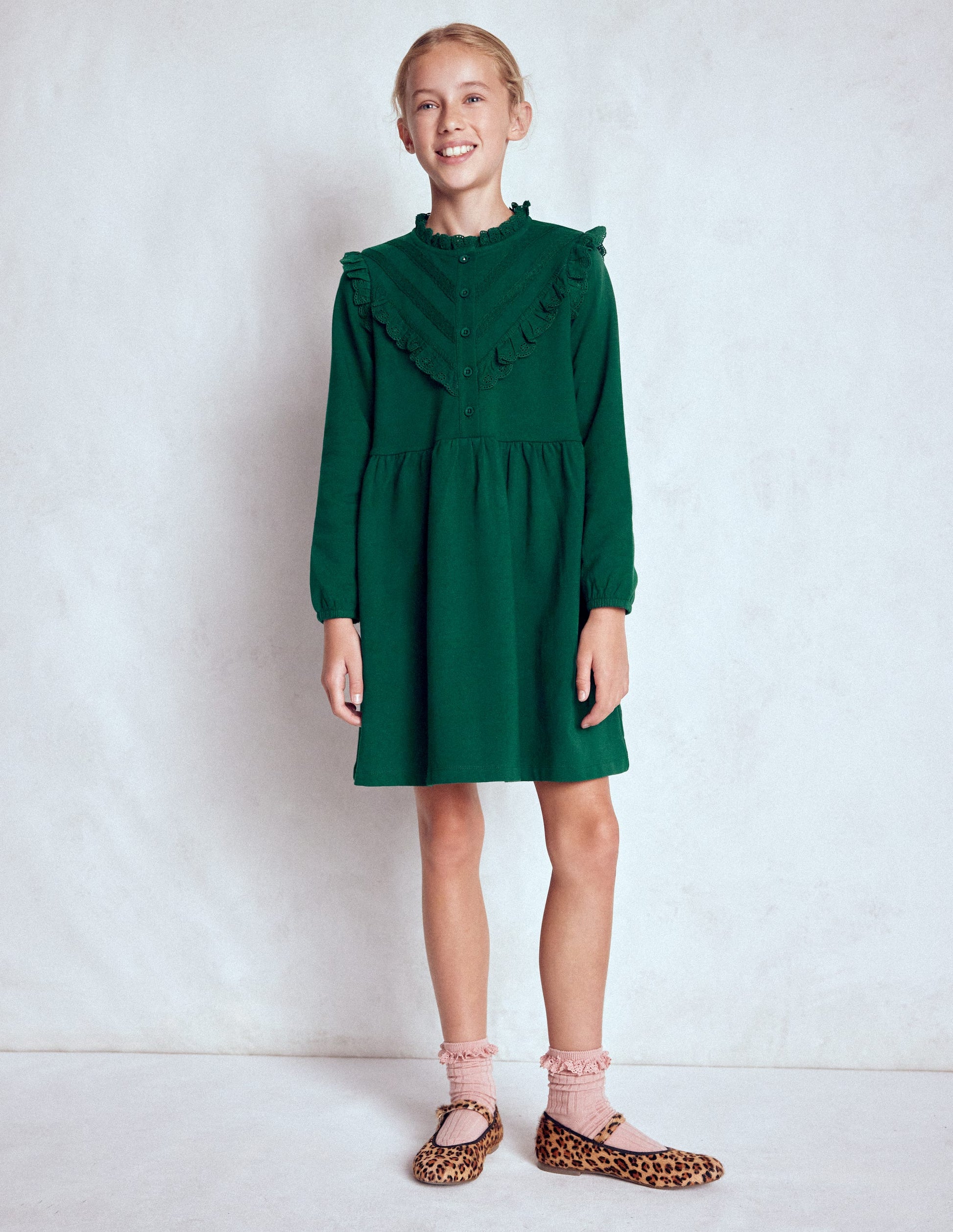 Sweatkleid mit Spitzenbesatz-Dunkles Smaragdgrün-1
