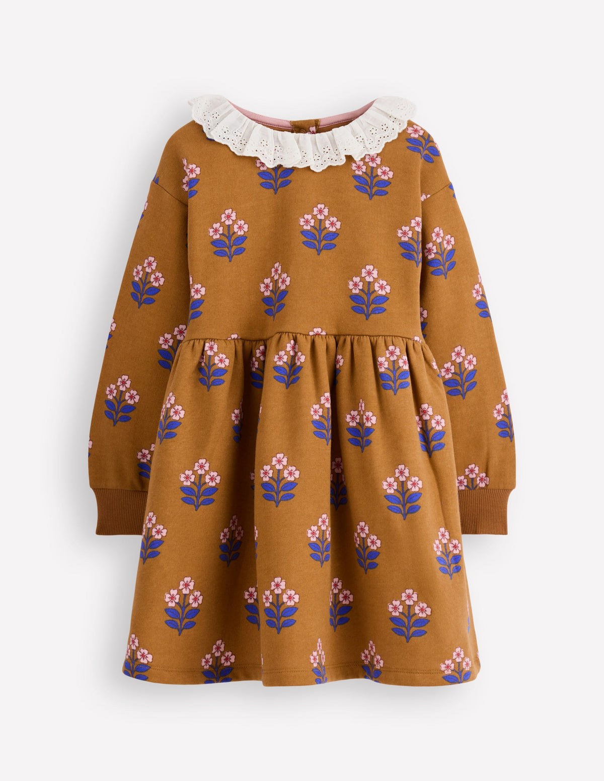 Sweatkleid mit Lochstickerei-Toffeebraun Blumenstempel-1