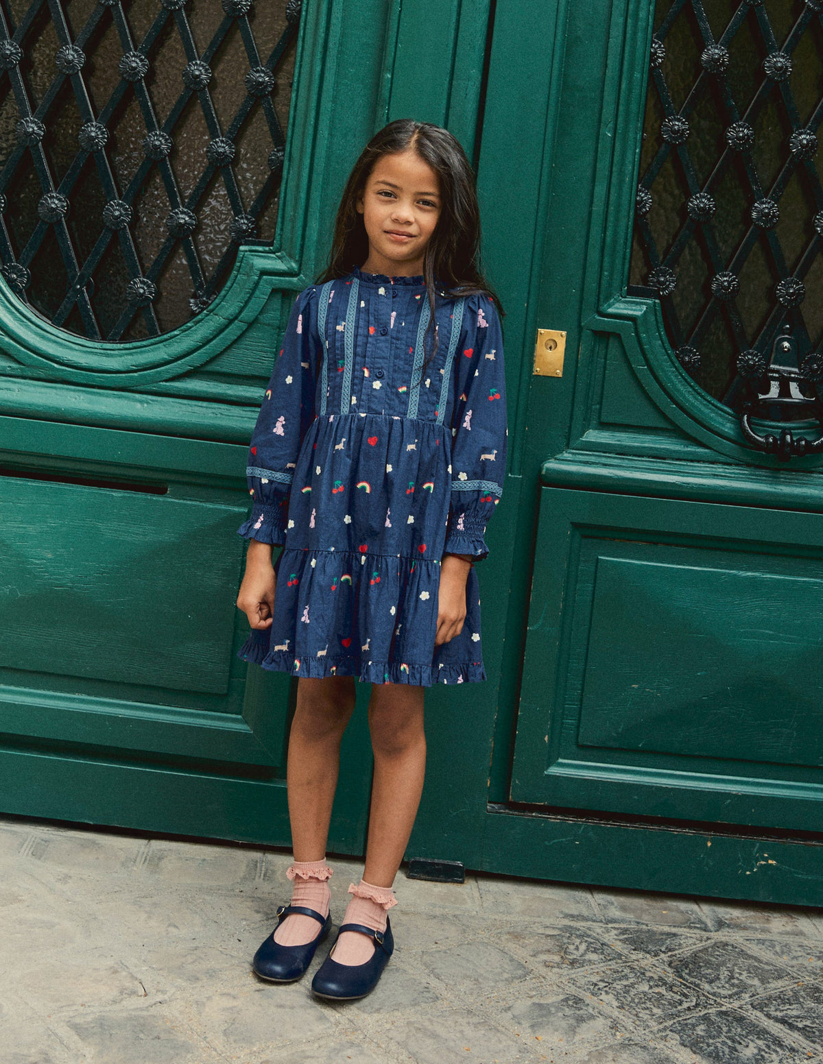 Robe tissée à détails dentelle-Motif parisien bleu tribord-4