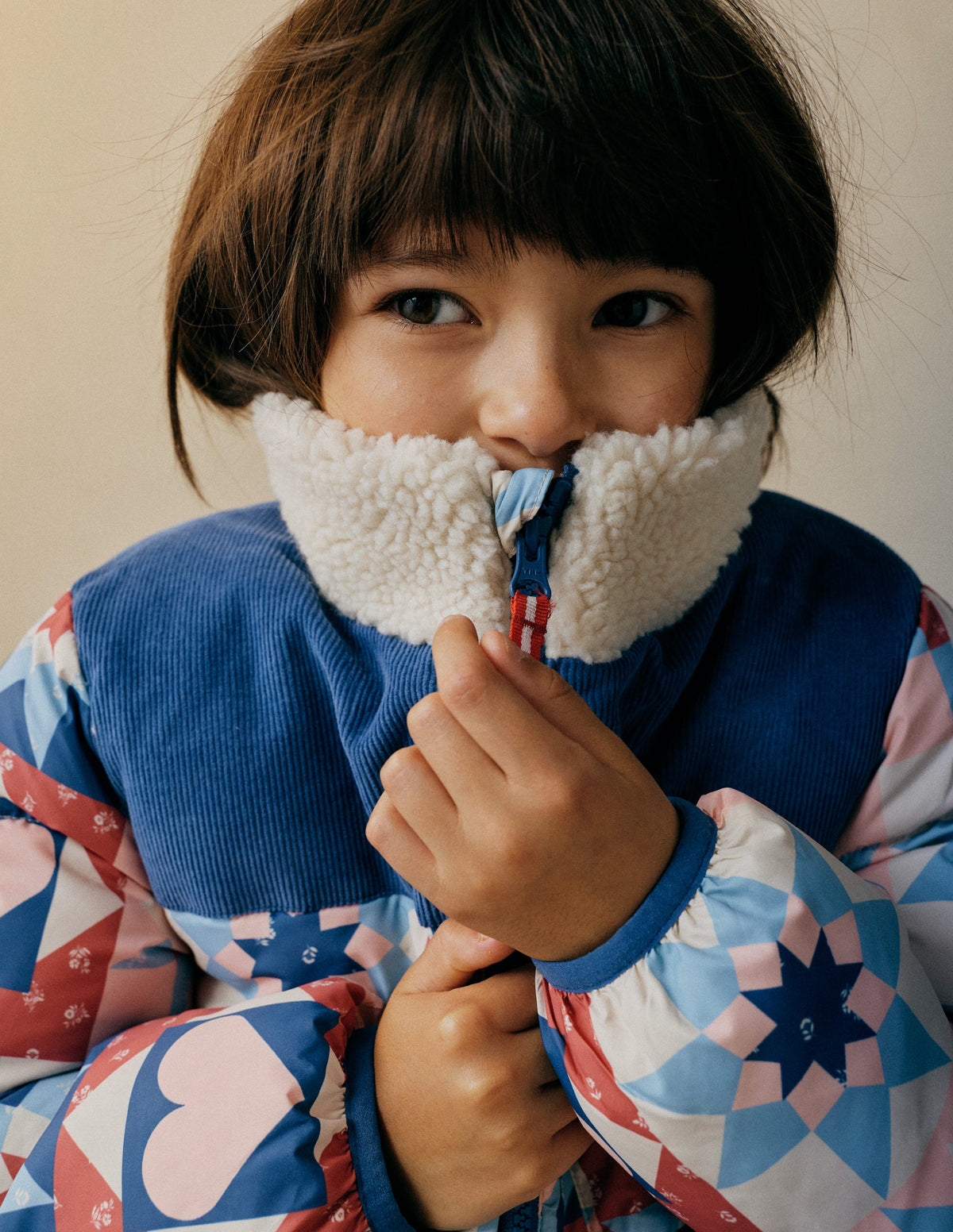 Kuschelige Pufferjacke-Alaskablau Patchwork-1