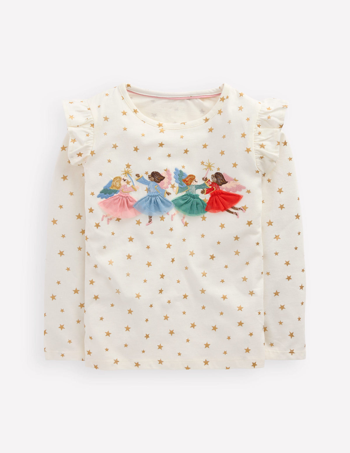 Frill Sleeve Appliqué T-shirt-Ivory Fairies - Image 1