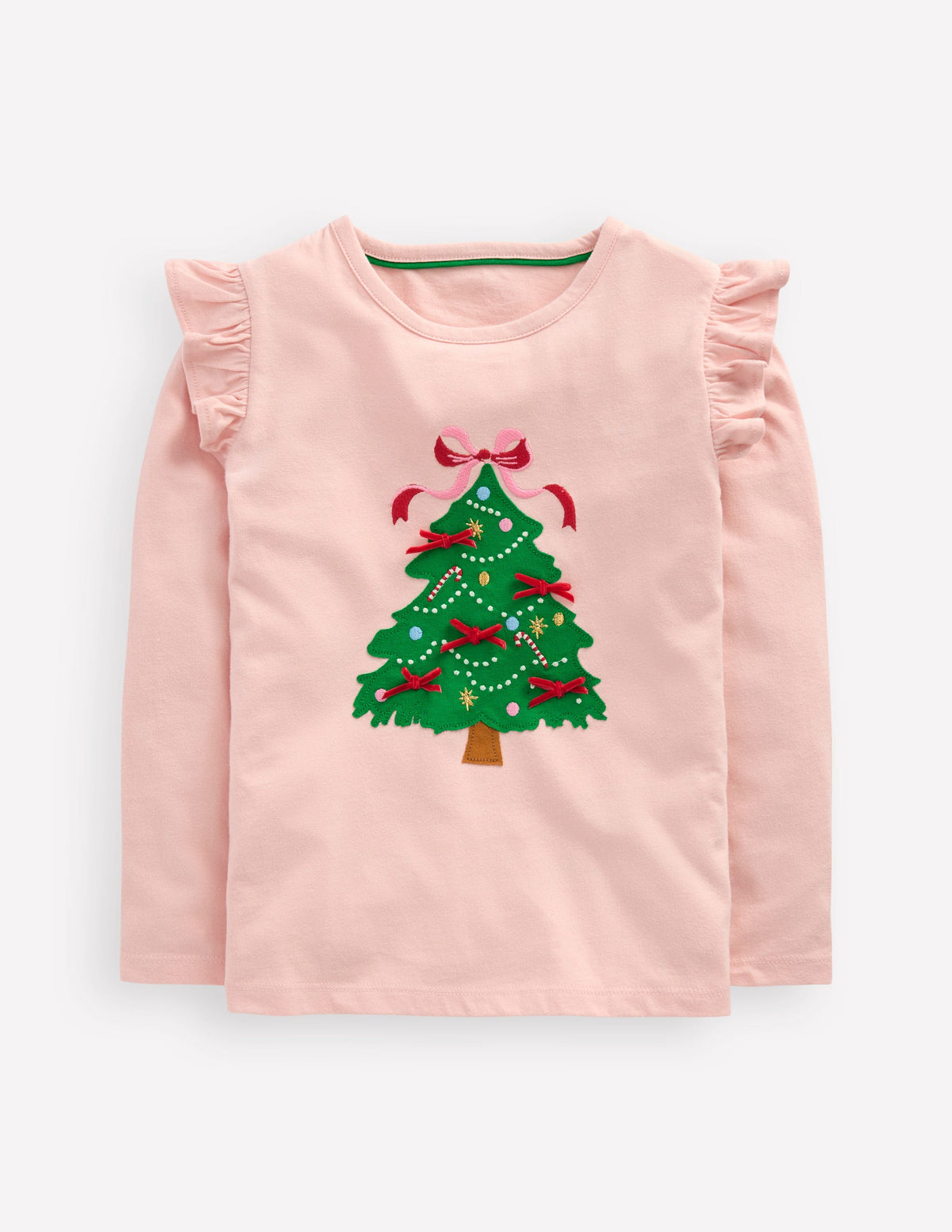 T-shirt à manches volantées et appliqué-Sapin de Noël rose craie-1
