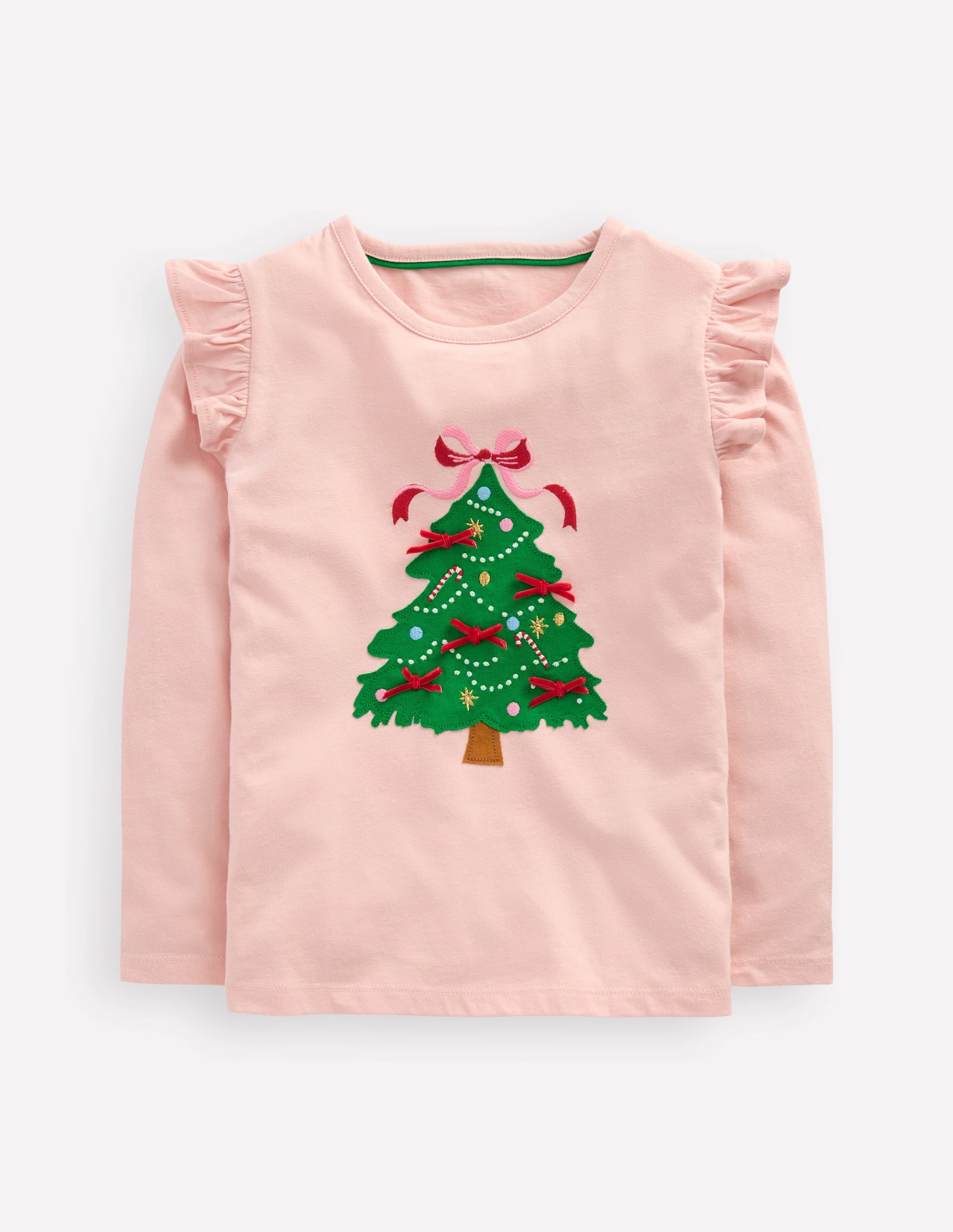 T-shirt à manches volantées et appliqué-Sapin de Noël rose craie - Image 1