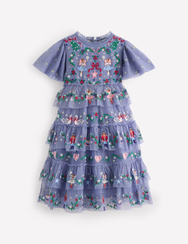 Besticktes Tüll-Rüschenkleid-Elektrisierendes Blau Stickerei