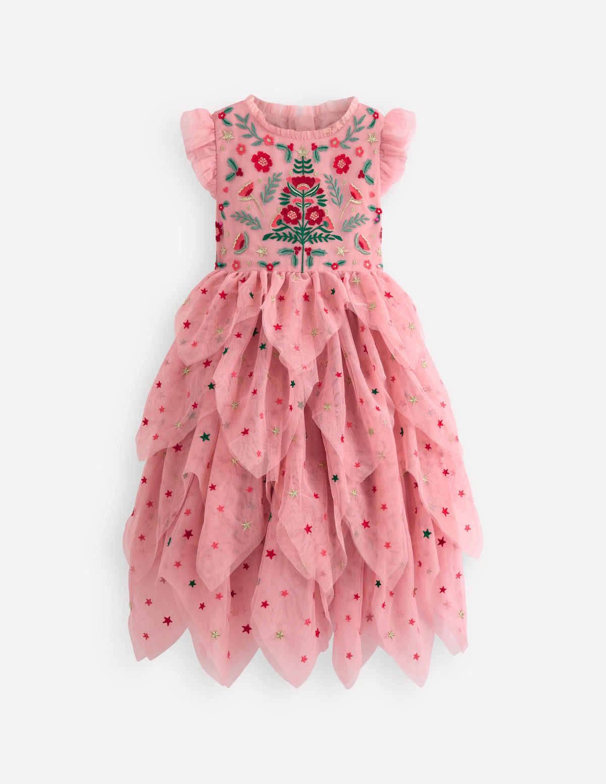 Robe de fête volantée en tulle-Broderie rose vintage - Image 1