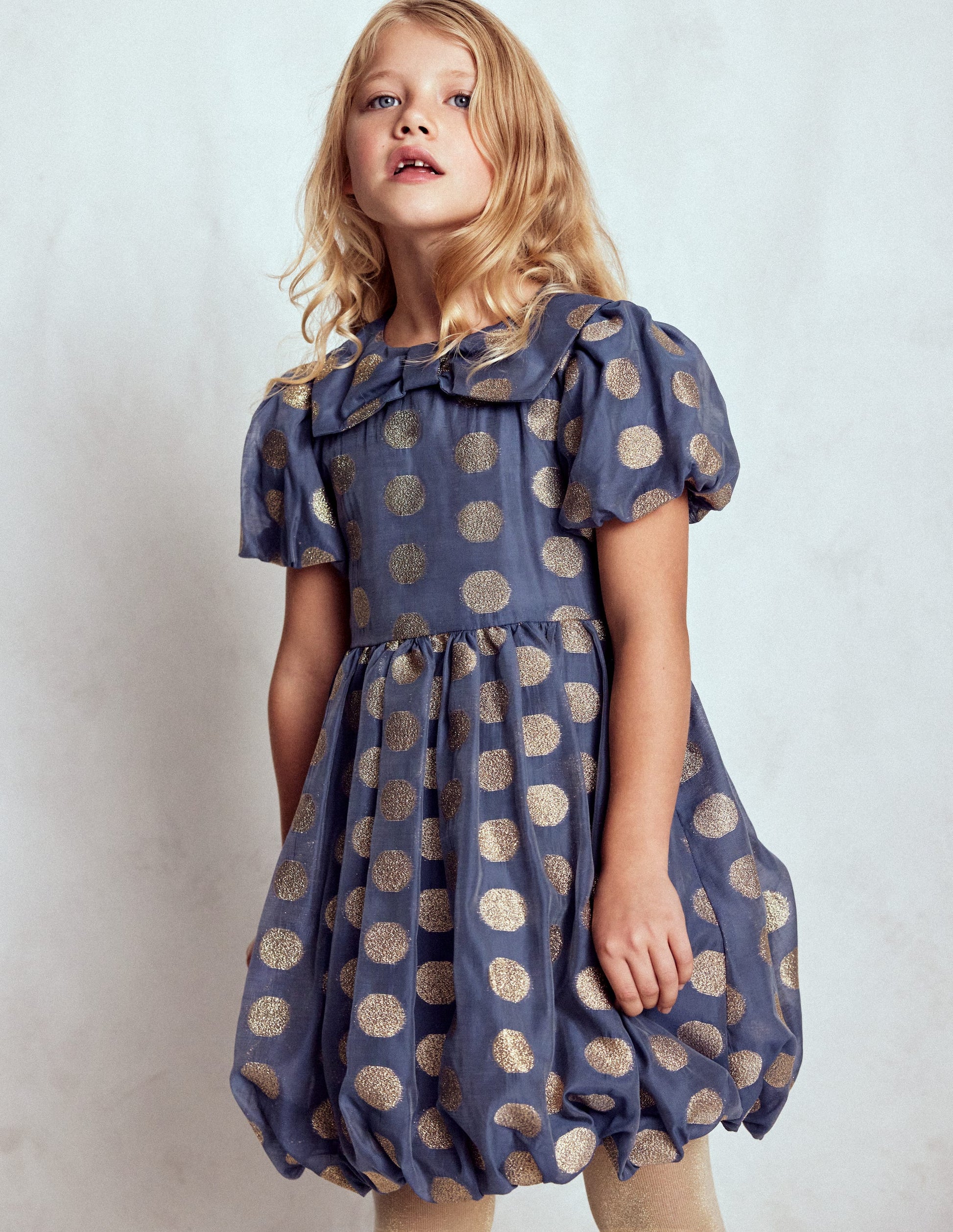 Robe de fête à ourlet bulle-Pois dorés bleu marine universitaire-1