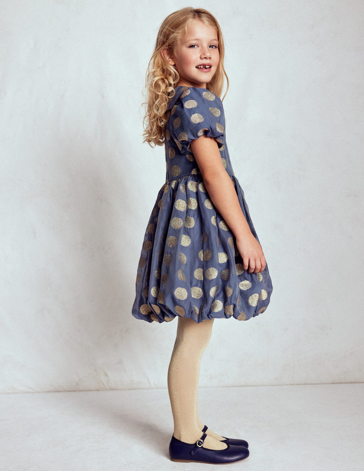 Robe de fête à ourlet bulle-Pois dorés bleu marine universitaire - Image 3