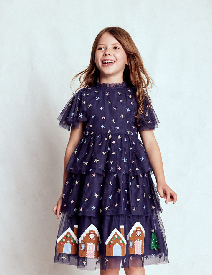 Gestuftes Tüll-Lebkuchenkleid-Mittelalterliches Blau